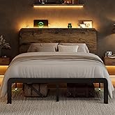 Feonase Queen Size Bed Frame with Ergonomic Storage Headboard & Charging Station, LED Platform Bed Frame, Heavy Duty Metal Slats, No Box Spring Needed, Easy Assembly, Rustic