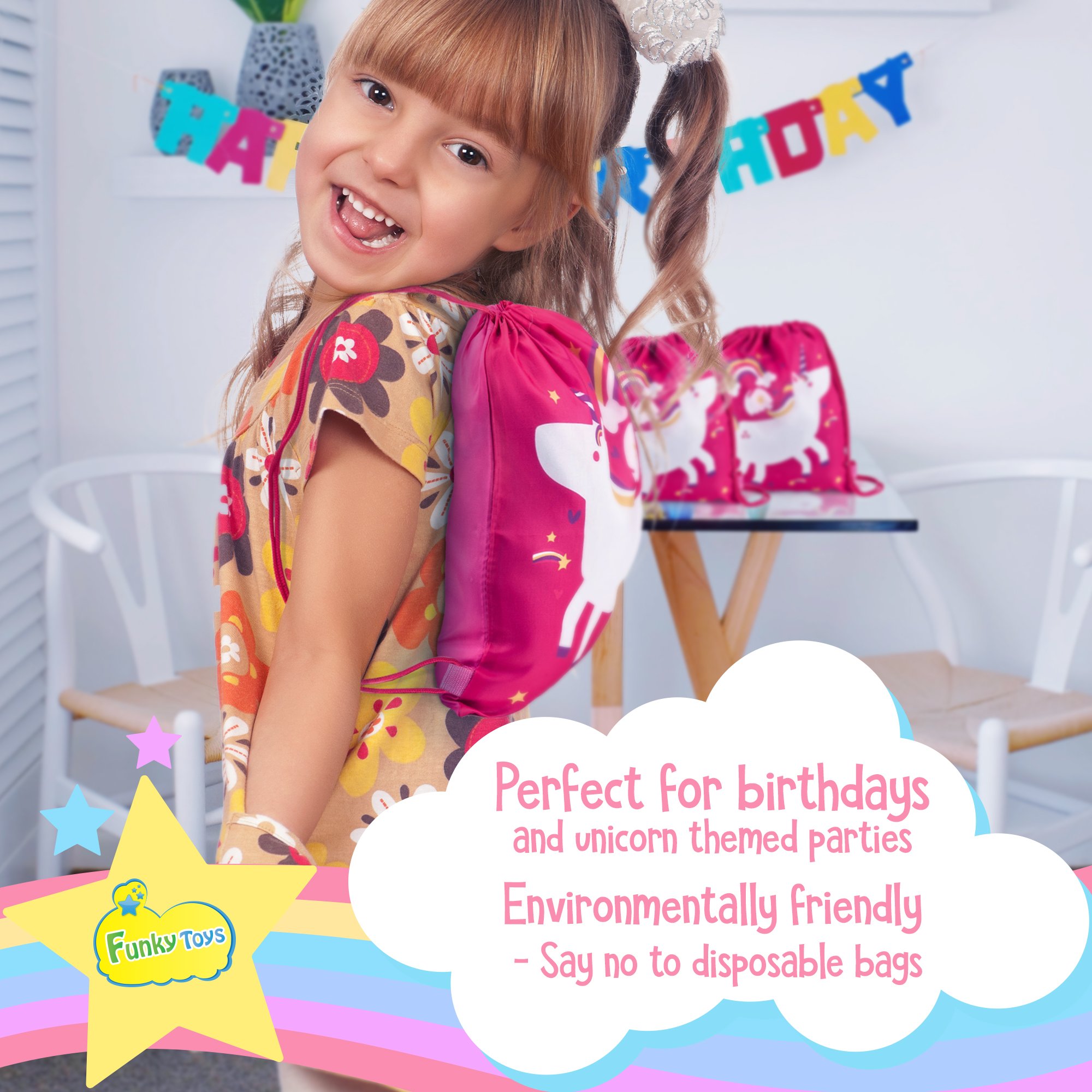 IPIDIPI TOYS Unicorn Party Favor Bags - Pack of 12 Reusable Small Drawstring Backpacks for Kids - Birthday Party Supplies Goodie Bag for Treats | Pink Gift Bag for Girls | Cute Design and Washable