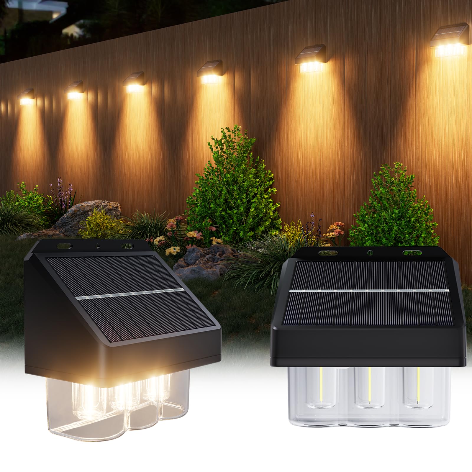 EDISONFIRE Solar Fence Lights Outdoor, 6 Pack Wall Lights for Garden, IP67 Waterproof, Warm White 3 Bulb, Patio Decking Yard Decoration