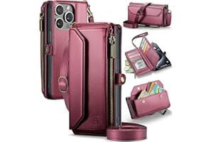 Strapurs Wallet Case Compatible with iPhone 15 Pro Max RFID Blocking 10-Card Holder Soft PU Leather Magnetic Snap Shoulder Strap Zipper Pocket Phone Case Fit for iPhone 15 Pro Max 6.7" - Wine Red