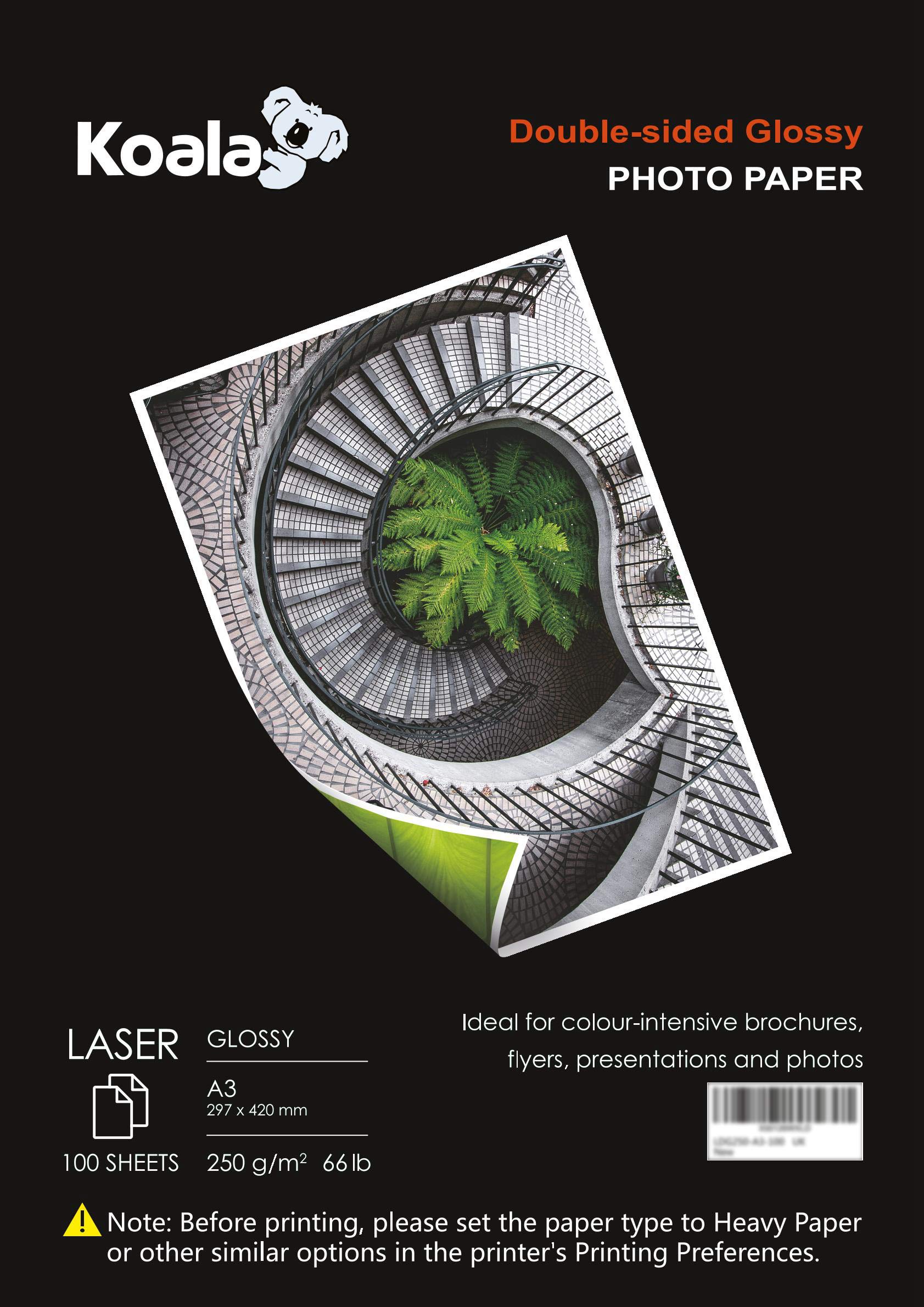 KOALA Double Sided Glossy Laser Photo Paper A3, 250gsm, 100 Sheets. Suitable for Laser Printer, for Printing Photos, Brochures, Covers, Certificates, Booklets, Flyers, Leaflets, Cards, Calendars