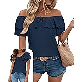 Uhiger Off The Shoulder Tops for Women Boat Neck Blouses Casual Ruffle Short Sleeve Shirts Chiffon Summer Vacation Outfits