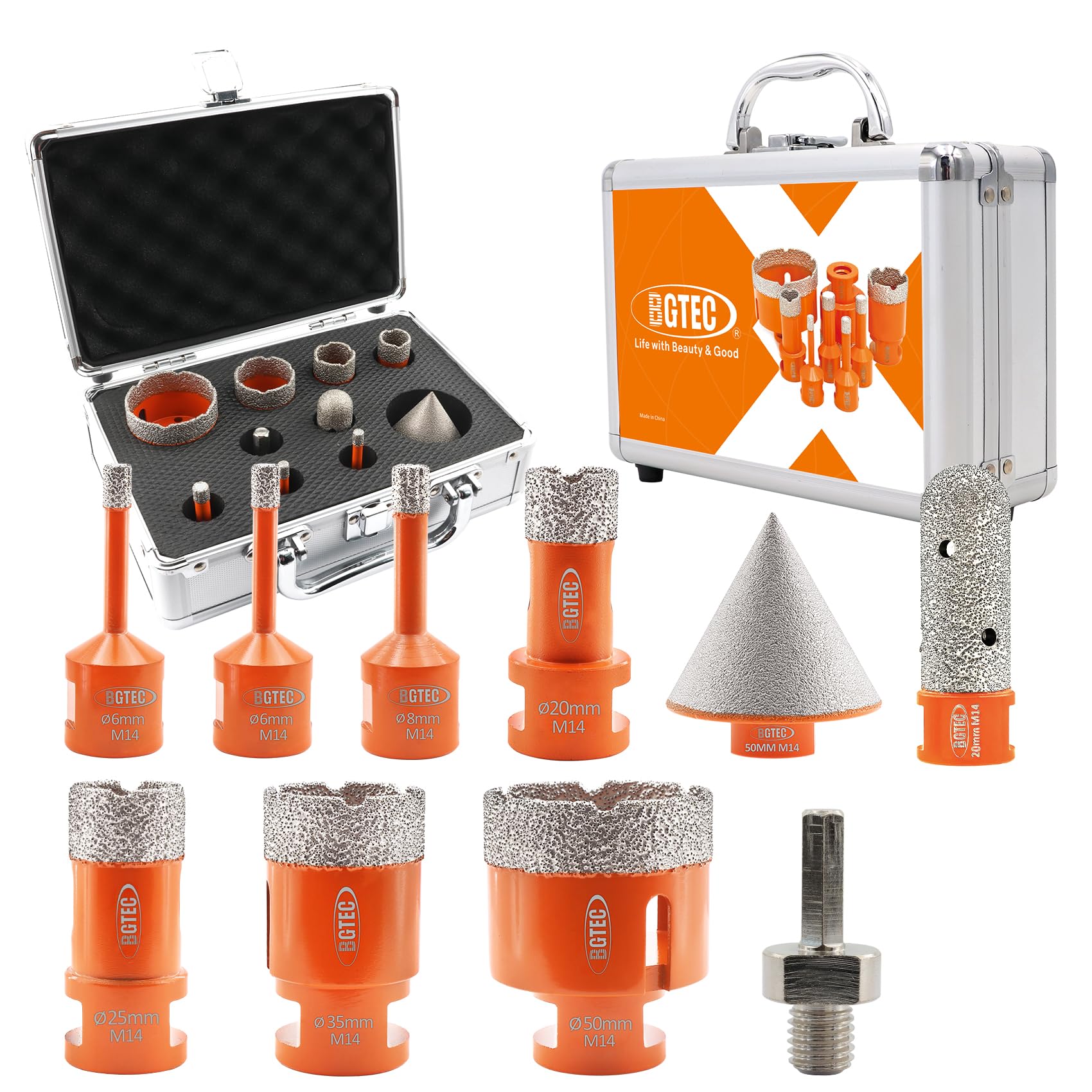 BGTEC Diamond Core Drill Bits Set-10pcs(6/6/8/20/25/35/35/50mmmm Hole Saw+20mm Finger Bit+50mm Chamfer Bit+Hex Adapter) with M14 Thread for Porcelain Ceramic Tile Granite Marble Masonry Granite