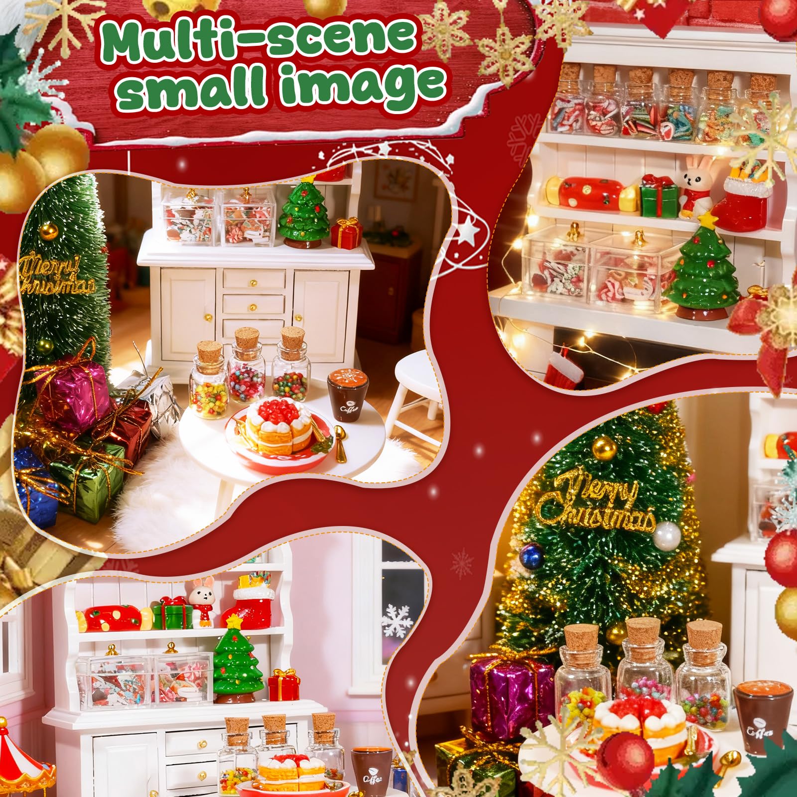 Rileryan 1:12 Scale Mini Christmas House Accessories Kit Christmas Miniatures Decorations Miniature Wooden Furnitures Bookshelf Desk Chair