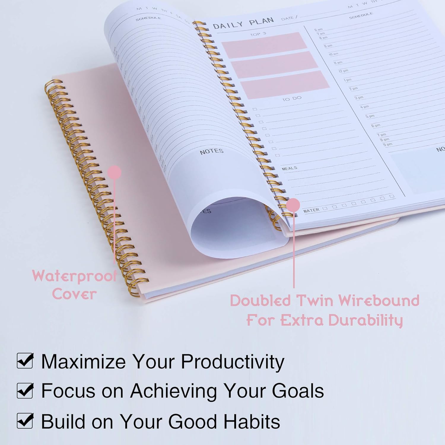 Daily Planner Hourly Schedules Appointment Planner Undated with to-Do List, Meals, Notes 10"X7.3", Flexible Cover, Twin-Wire Binding : Office Products