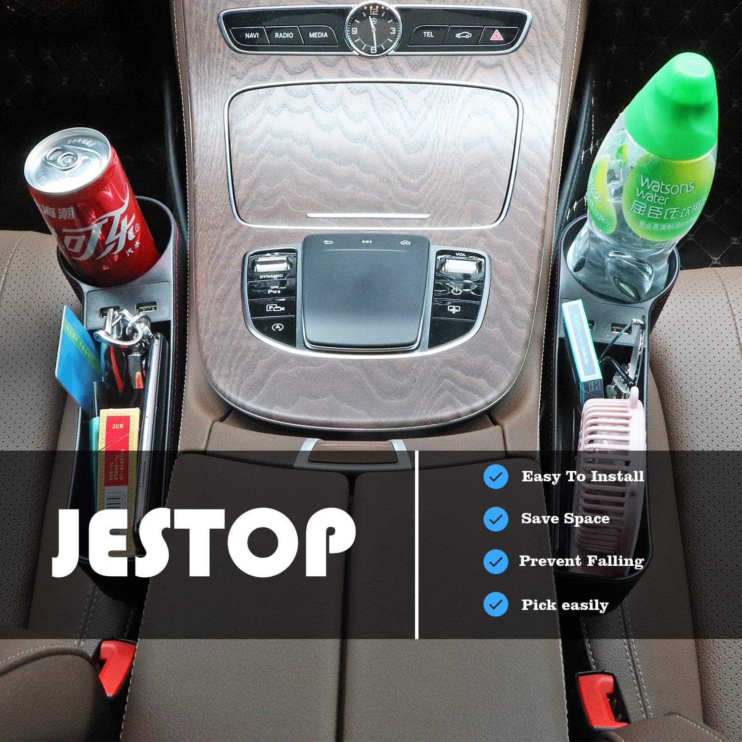 JESTOP Car Seat Gap Filler, 2 Packs Leather Car Front Seat Storage with Dual USB Charging, Auto Center Console Organizer for Cell Phone Wallet Coin Key (Black): Automotive