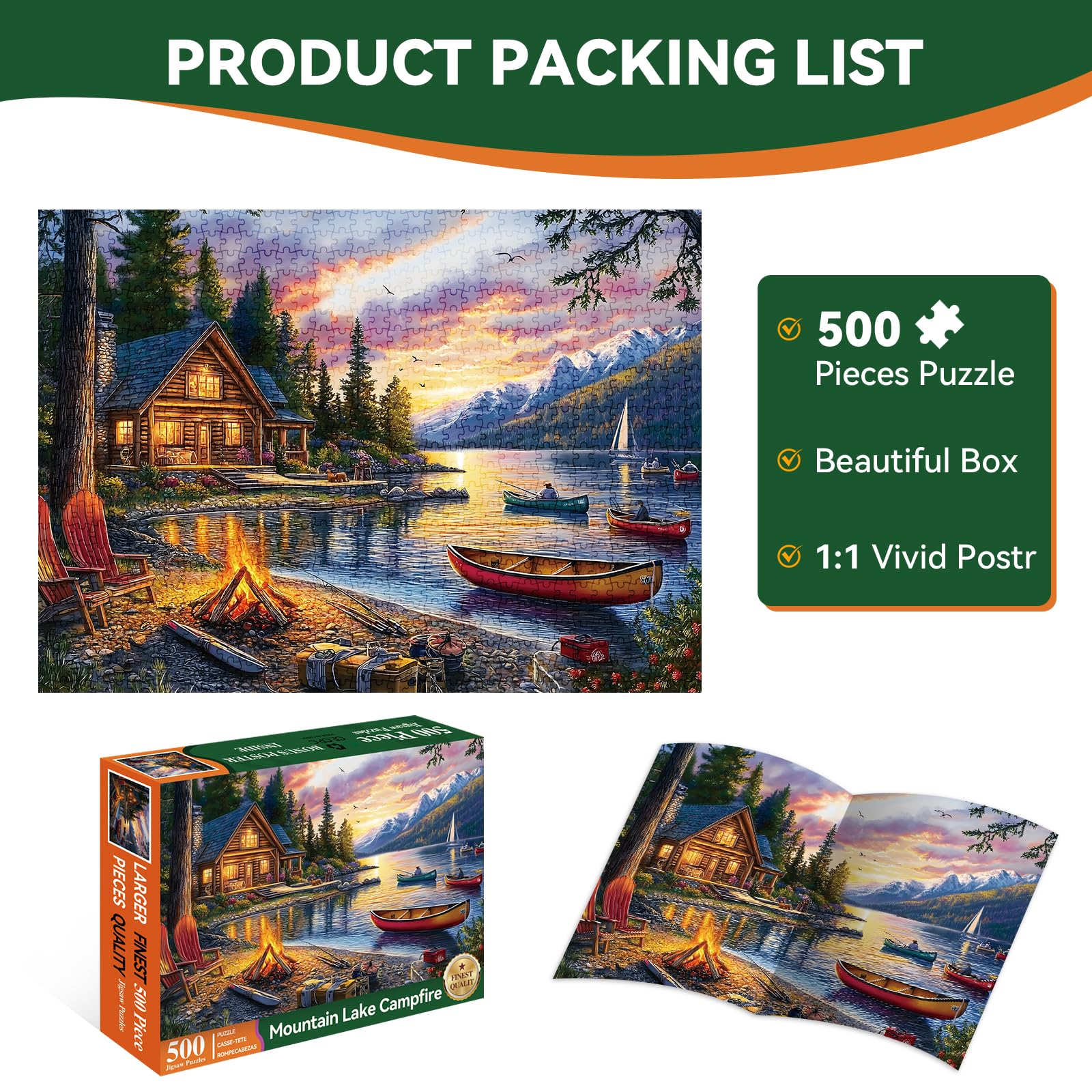 Jigsaw Puzzle for Adults 500 Pieces – 500 Piece Puzzle with Scenic Cabin, Interlocking Adult Puzzles, Letter Clues, 1:1 Poster, Home Decor Gift | 20.5 x 15 in