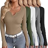 Velvelhall 5 Pack Women's Long Sleeve Shirts Cotton Scoop Neck V Notch Ribbed Top Casual Sexy Low Cut Slim Fit Knit Basic Tee