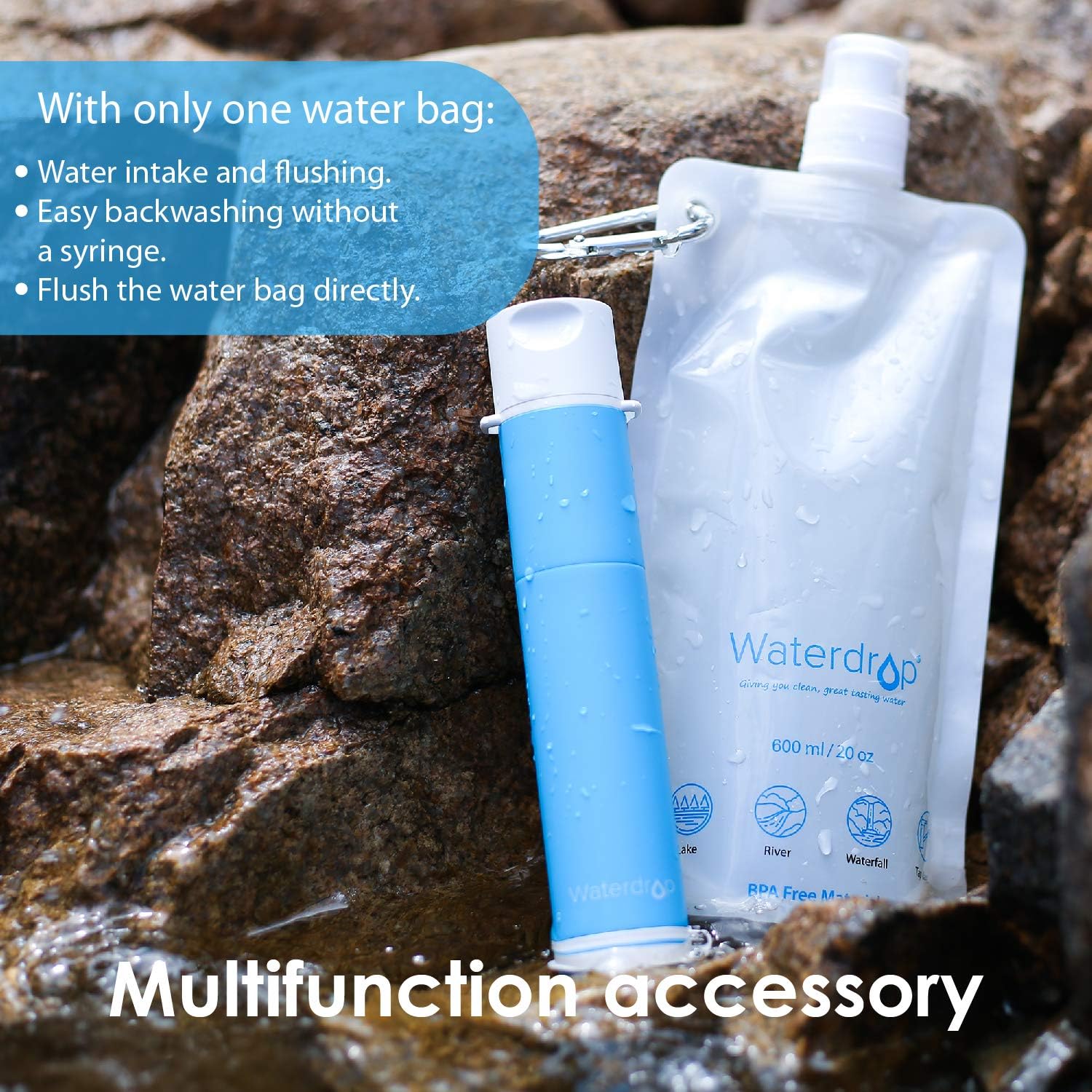 Waterdrop Water Filter Straw with Gravity Water Bag, Portable Camping Filtration System, Drinking Water Purifier for Emergency Hiking Travel Backpacking : Sports & Outdoors