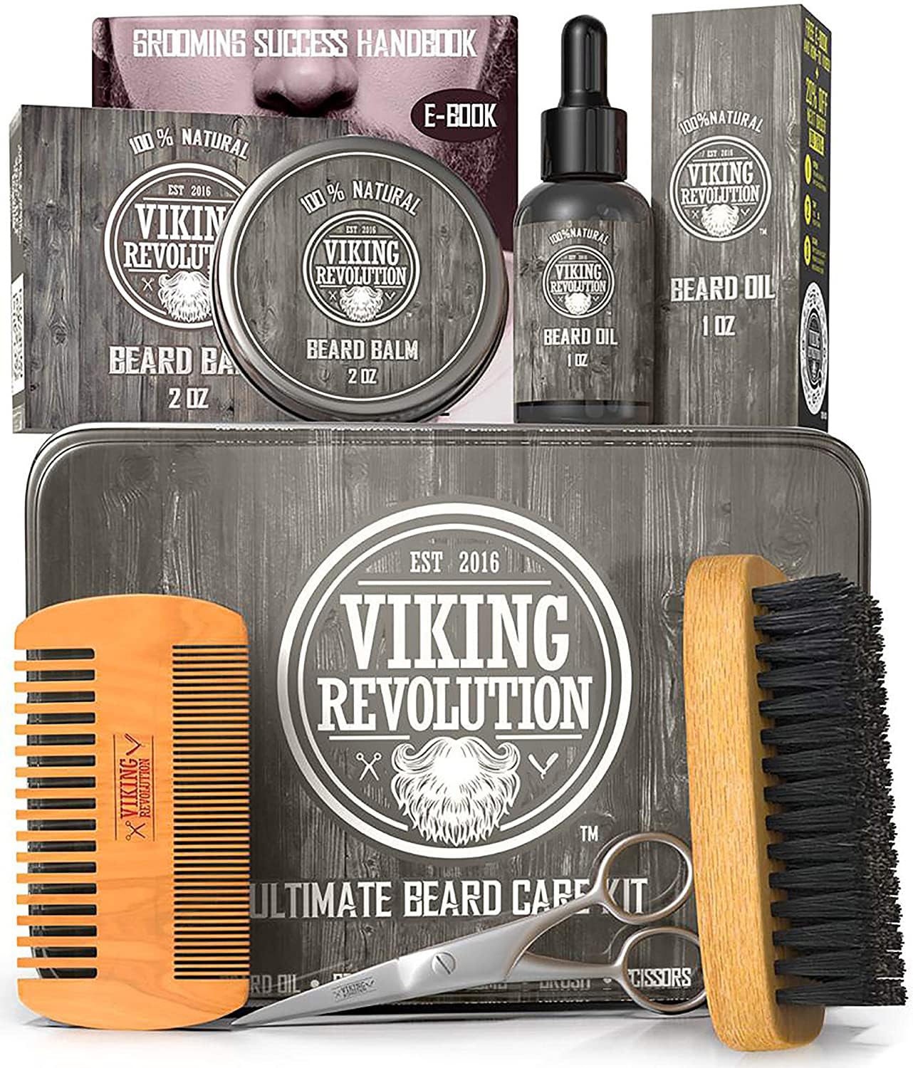 Viking Revolution - Beard Grooming Kit for Men - Ultimate Beard Kit with 100% Boar Beard Brush, Beard Comb, Citrus Beard Balm, Unscented Beard Oil & More - Valentines Gifts for Him - Gifts for Men