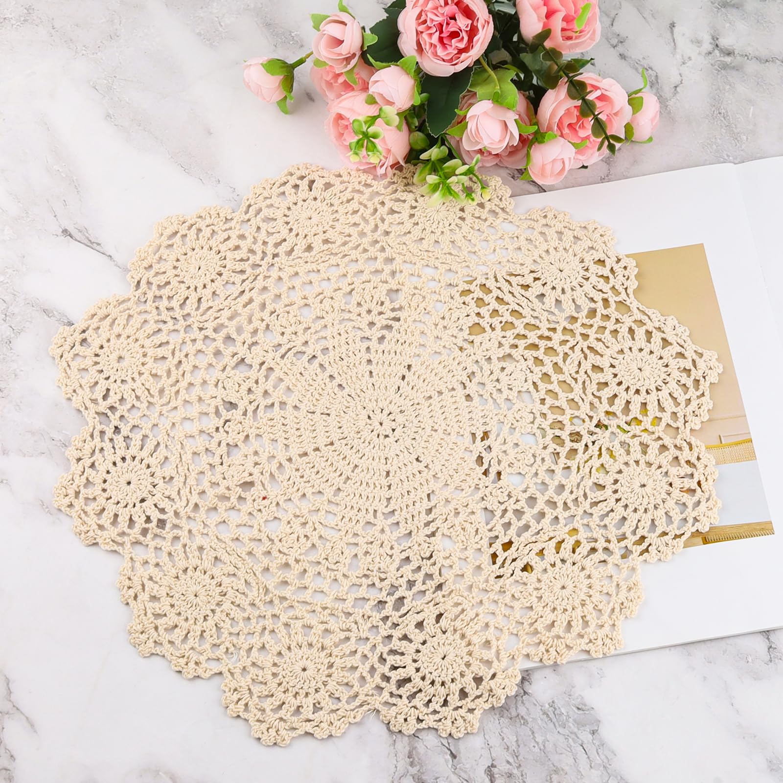 Photo 1 of 1-Pack Vintage Lace Placemats - 15.7'' Large Crochet Lace Tablecloth Doilies - Handmade Embroidered Round Table Overlay for Dining, Tea Party, Wedding Decor, Furniture and Home Decoration (Beige)