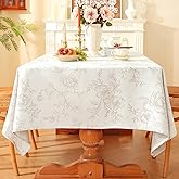 Chassic Premium Vintage Farmhouse Damask Floral 60 x 84 inch Rectangle Table Cloth – Water Resistant Linen Textured Jacquard Tablecloth for Kitchen Dining & Picnic Decor - Beige