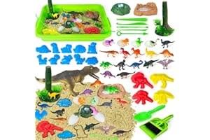 YongnKids Dinosaur Sensory Bin Sandbox Toys,Sensory Sand Art Kit with 14 Dinosaur Toys & 2.2lb Magic Sand & Dinosaur Sand Molds -Fun Sand Toys Birthday for Girls Boys Toddler 3 4 5 6 7 Years Old