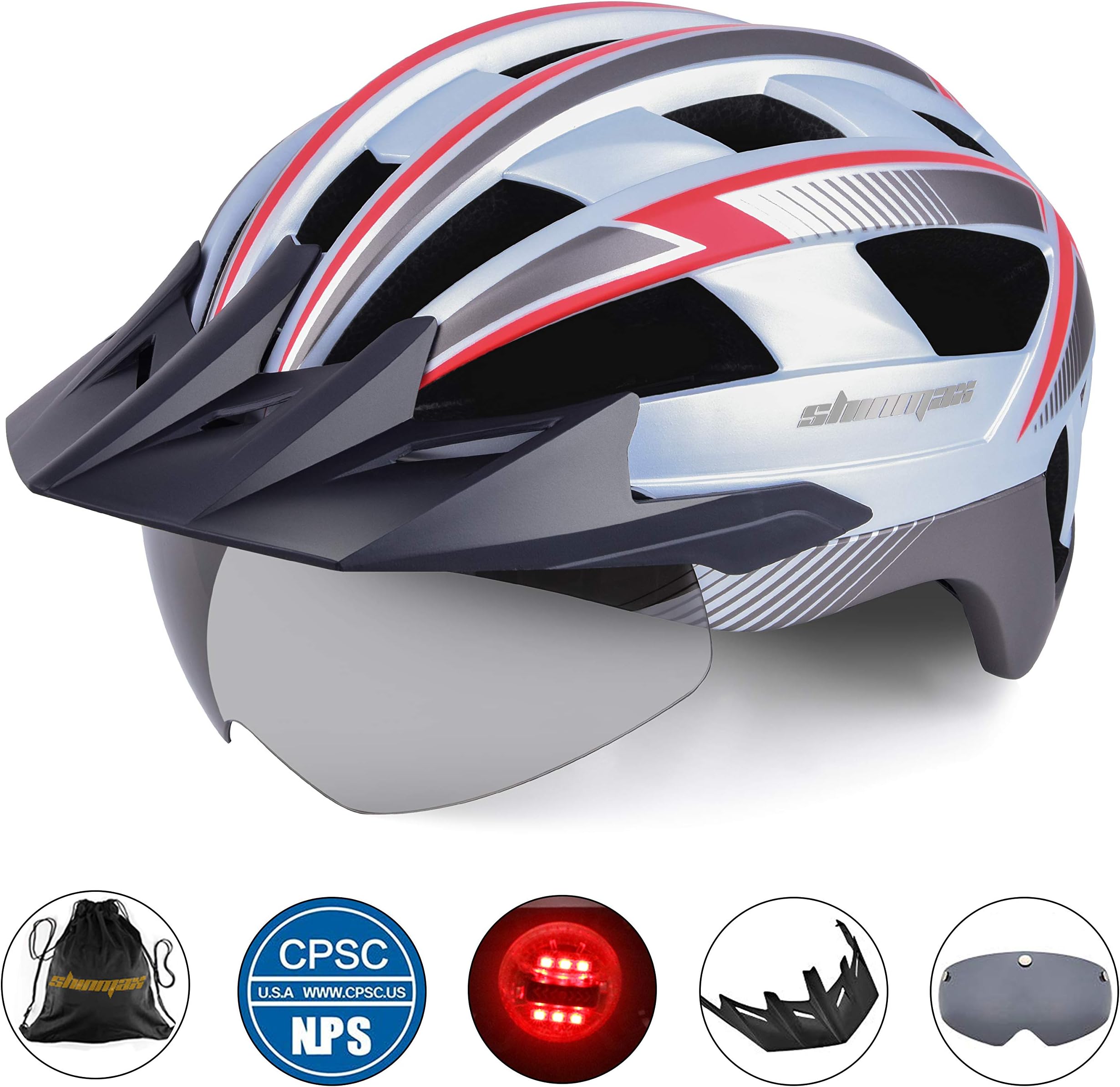 Bike Helmet Men/Women, Basecamp Bicycle Helmet Cpsc/Ce Certified with USB Rare Light&Magnetic Goggles&Sun Visor&Carry Bag Cycling Helmet Bc-023 Adjustable Size for Adult Road/Mountain