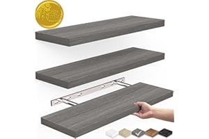 BAYKA Floating Shelves, Wall Mounted Rustic Wood Shelves for Bathroom, Bedroom, Living Room, Kitchen,Small Hanging Shelf for Books/Storage/Room Decor with 22lbs Capacity (Grey, Set of 3, 15.7in)