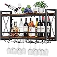 Homeiju Wall Mounted Wine Rack, Bottle & Glass Holder Wood-Metal Retro Wine Rack, Wine Bottles Display Wall Storage for Kitchen Dining Room Home Bar