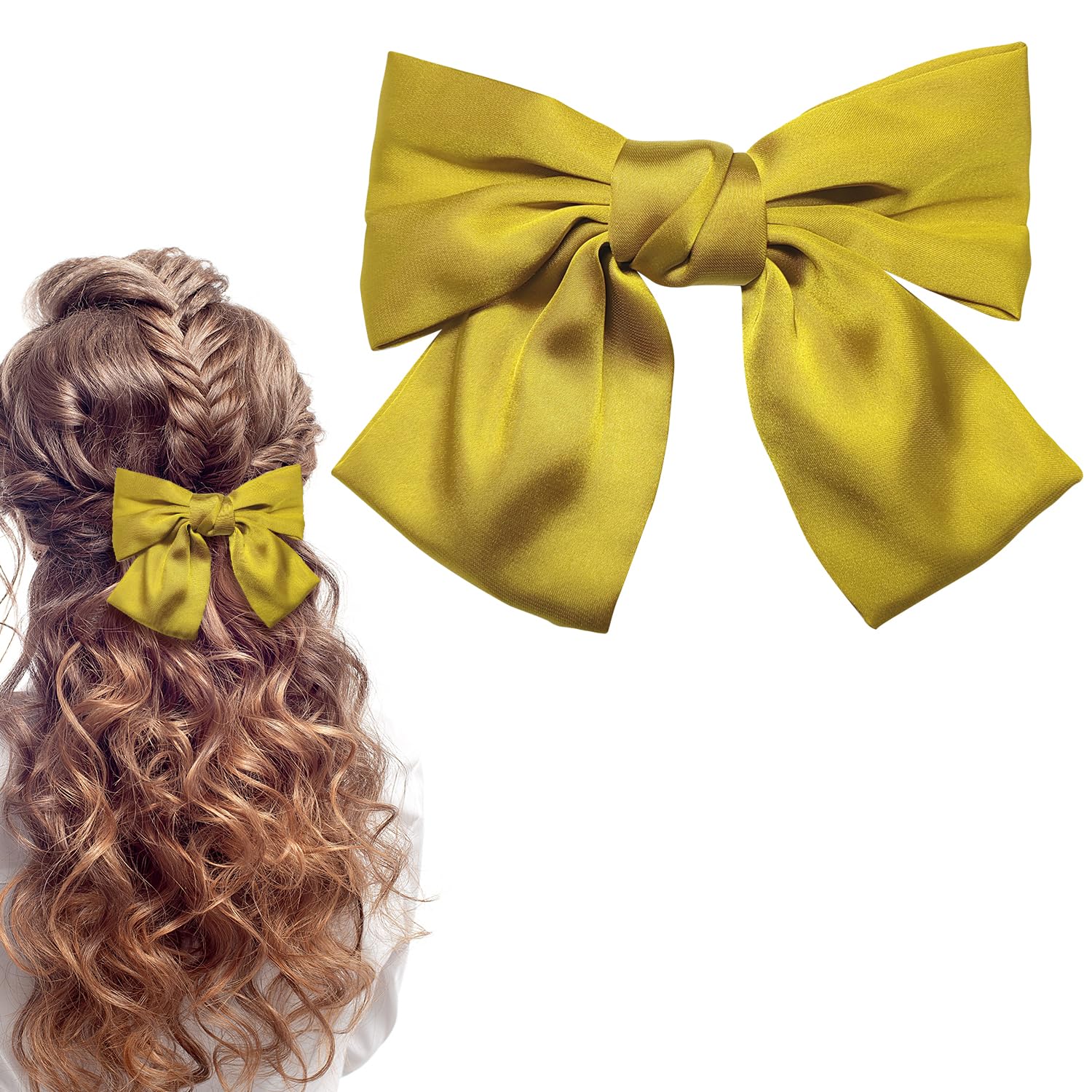 Bowknot Hair Clip, French Hair Clips with Ribbon - Soft Satin Silky Bows for Women & Girls (Yellow)