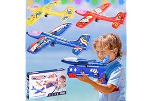 HMIL-U Airplane Launcher Toy - 3 Pack Foam Airplane Toy | 2 Flight Modes Glider Catapult Plane Toy Outdoor Sport Flying Toys Ideal Gift for Kids 3 4 5 6 7 8 9 10 11 12 years with 3 Sets of DIY Stickers