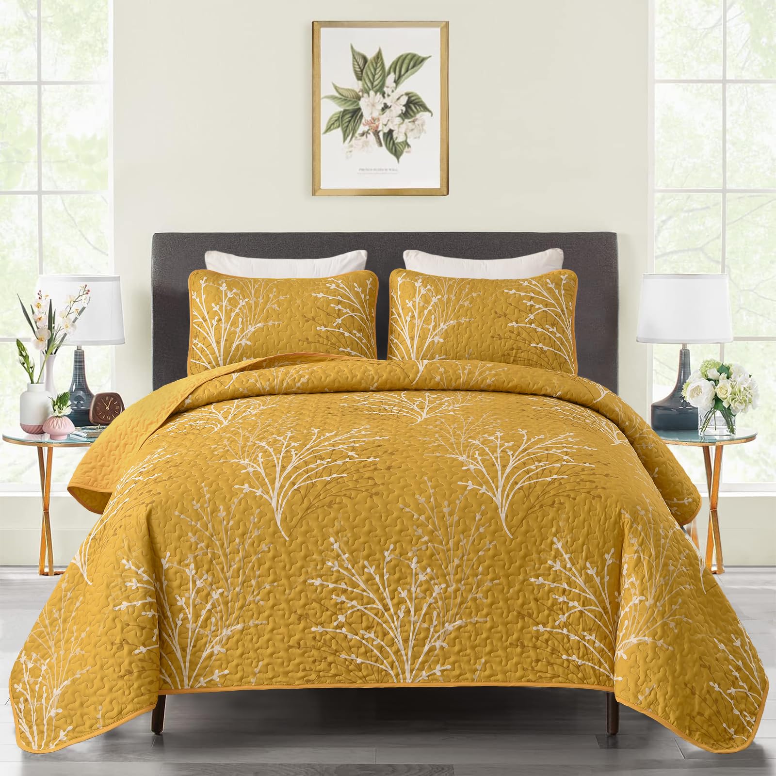 DJY Yellow Quilt Set Queen Size Branch Botanical Pattern Bedspread Coverlet Set, 3 Pieces Yellow Tree Floral Quilt Bedding Set, Soft Lightweight Microfiber Bed Cover Summer Bedding Set, 96''x90'' Image