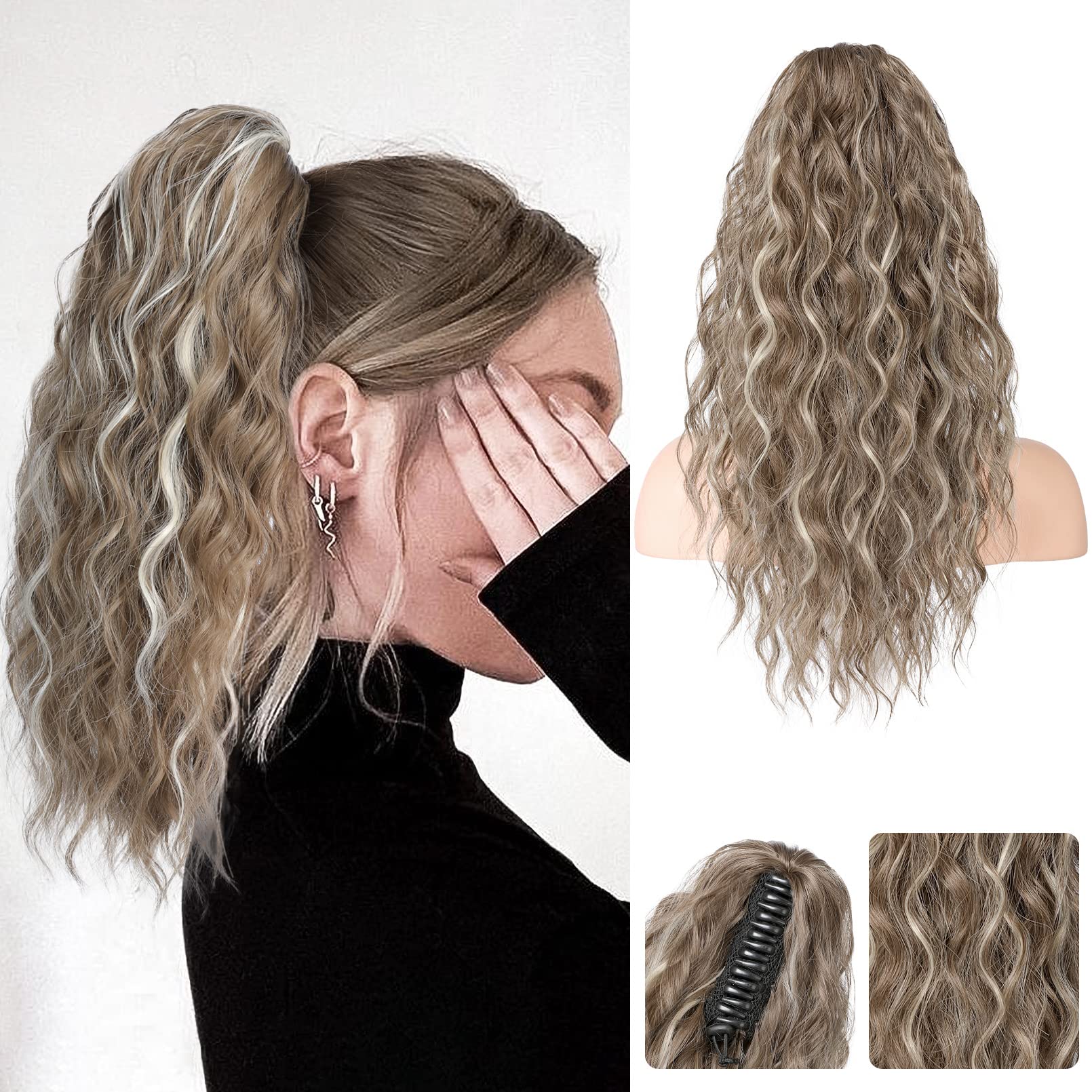 Photo 1 of REECHO Highlight Ponytail Extension, 18 Inch Claw Multi Layered Clip on Ponytail Extension for Women Long Curly Hair Extensions Synthetic Hairpiece HP002 - Ash Brown with Platium Highlights