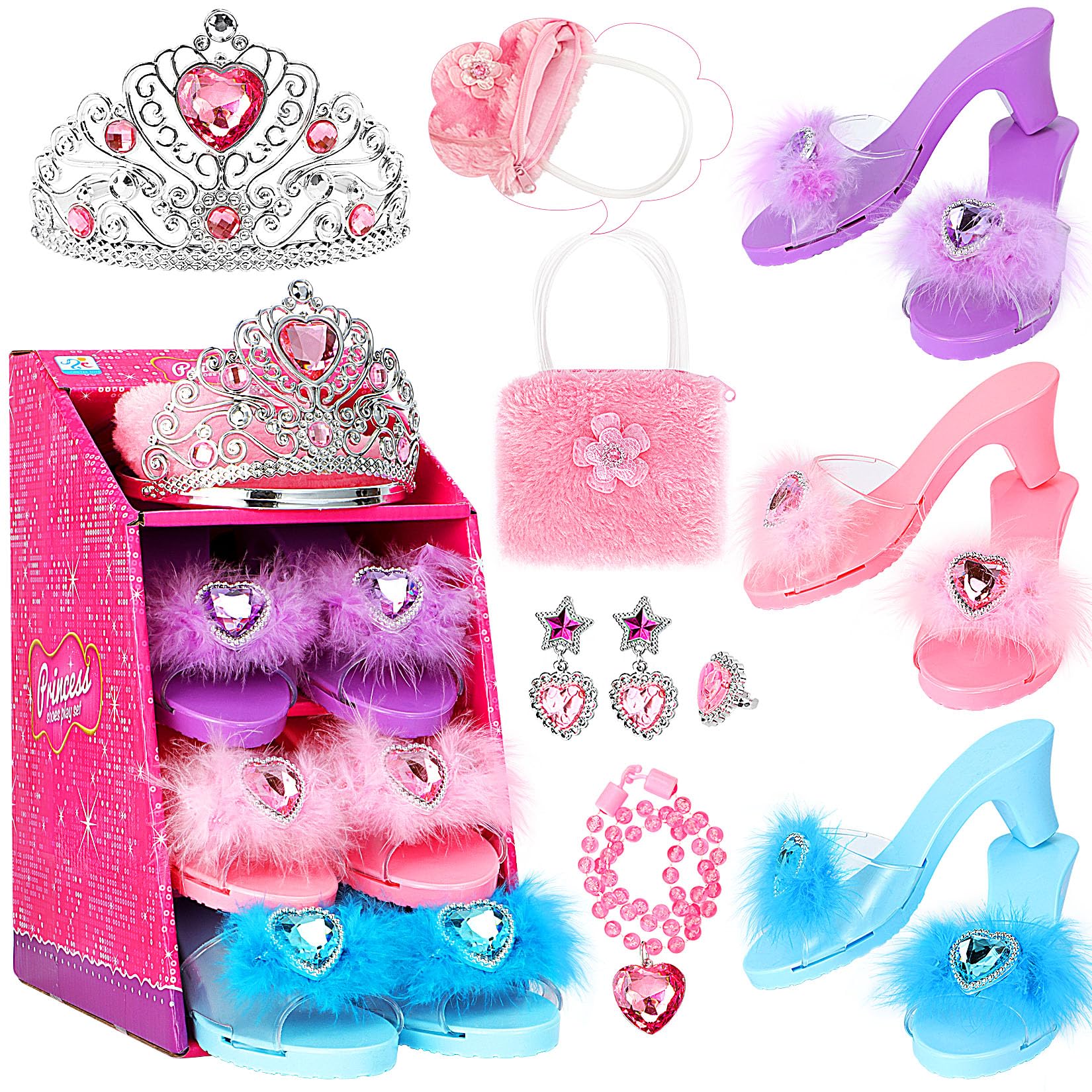 Photo 1 of Jaolex Princess Dress Up Shoes Pretend Play Jewelry Toys Set 3 Pairs of Shoes with Tiara Earrings Necklaces Ring Role Play Set for Little Girls Aged 3-6 Years Old