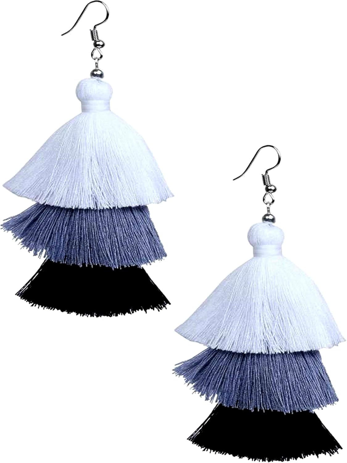 ayan creation 3 layers thread tassel earrings for women(white, grey, black)