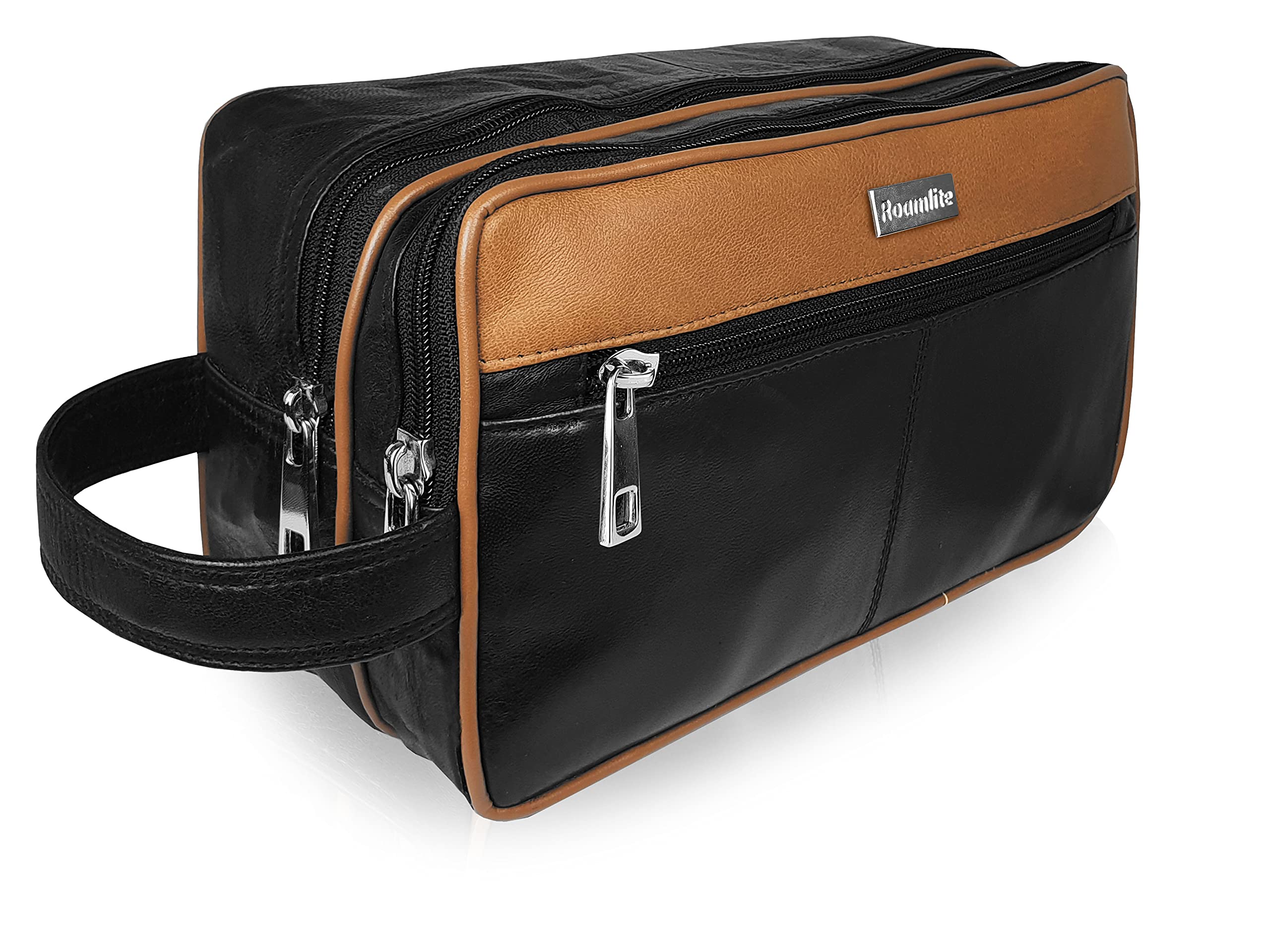 Roamlite Leather Toiletry Wash Bag for Toiletries - Holiday Travel Washbag - Gym Bathroom or Shower Shaving or Cosmetics Kit Bag - Unisex Suitable as Men's or Ladies - 3 Zipped Sections - 2 Tone RL155