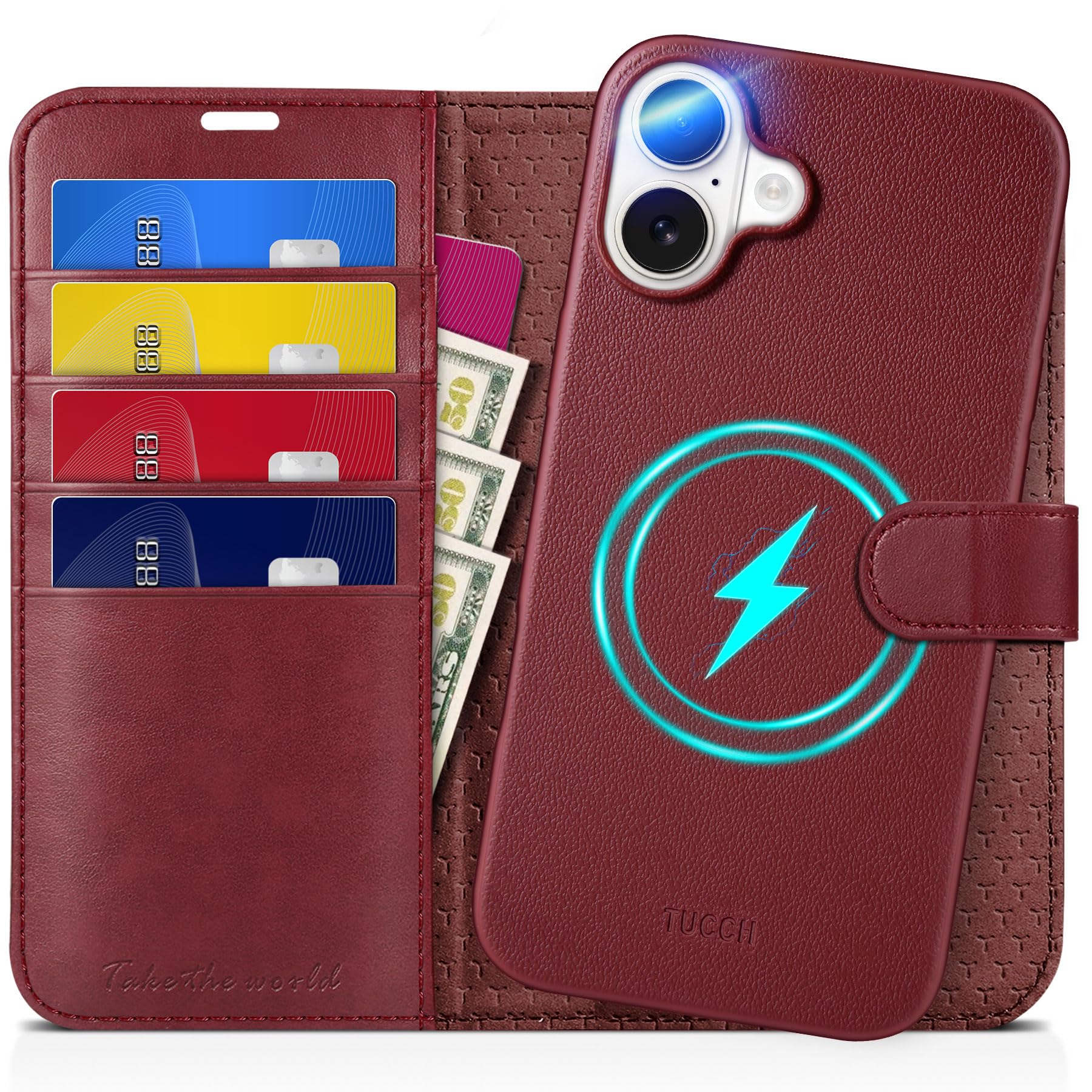 TUCCH Case for iPhone 16 Plus (6.7"), [2 in 1]Detachable Wallet Foldable Case with[RFID Blocking][Wireless Charging][Card Slots][Kickstand]Removable Magnetic PU Leather Shockproof Folio, Full Dark Red