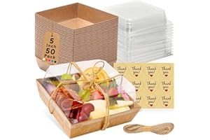 Leafiew 50 Pack Small Charcuterie Boxes with Clear Lids - To Go Paper Mini Charcuterie Box, Disposable Food Containers, 5Inch Dessert Boxes - Sandwich, Cookie, Sushi, Cake Slice, Strawberries (Brown)