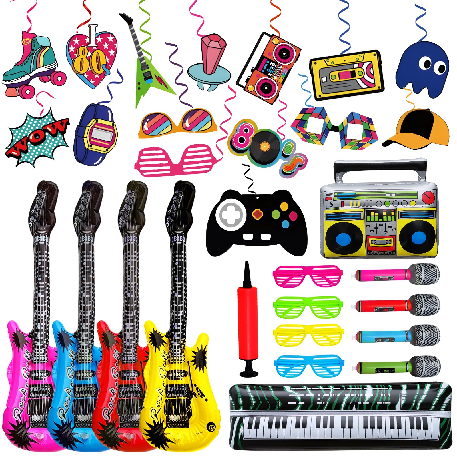 29Pcs Inflatable Party Props, Inflatable Guitar Microphones Piano Musical Instrument Accessories Party Gifts with Hanging Swirls, Rock Star Toy Balloon Set Photo Booth Props 80s Party Decoration
