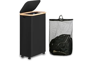 iEGrow 75L Slim Laundry Hamper with Wheels,Clothes Hamper for Laundry,Laundry Basket with Lid & Inner Bag,for Laundry Room, Bedroom, Dormitory Organization,Black
