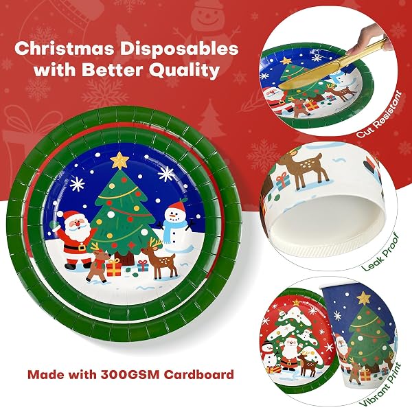 CHRISTMAS PAPER PLATES DISPOSABLE W/NAPKINS CUPS & CUTLERY, 50 SERVES SANTA DINNER PLATES SETS, HEAVY DUTY CHRISTMAS PLATES DISPOSABLE SUPPLIES FOR FAMILY, WINTER HOLIDAY PARTY DECRORATIONS 175 PCS