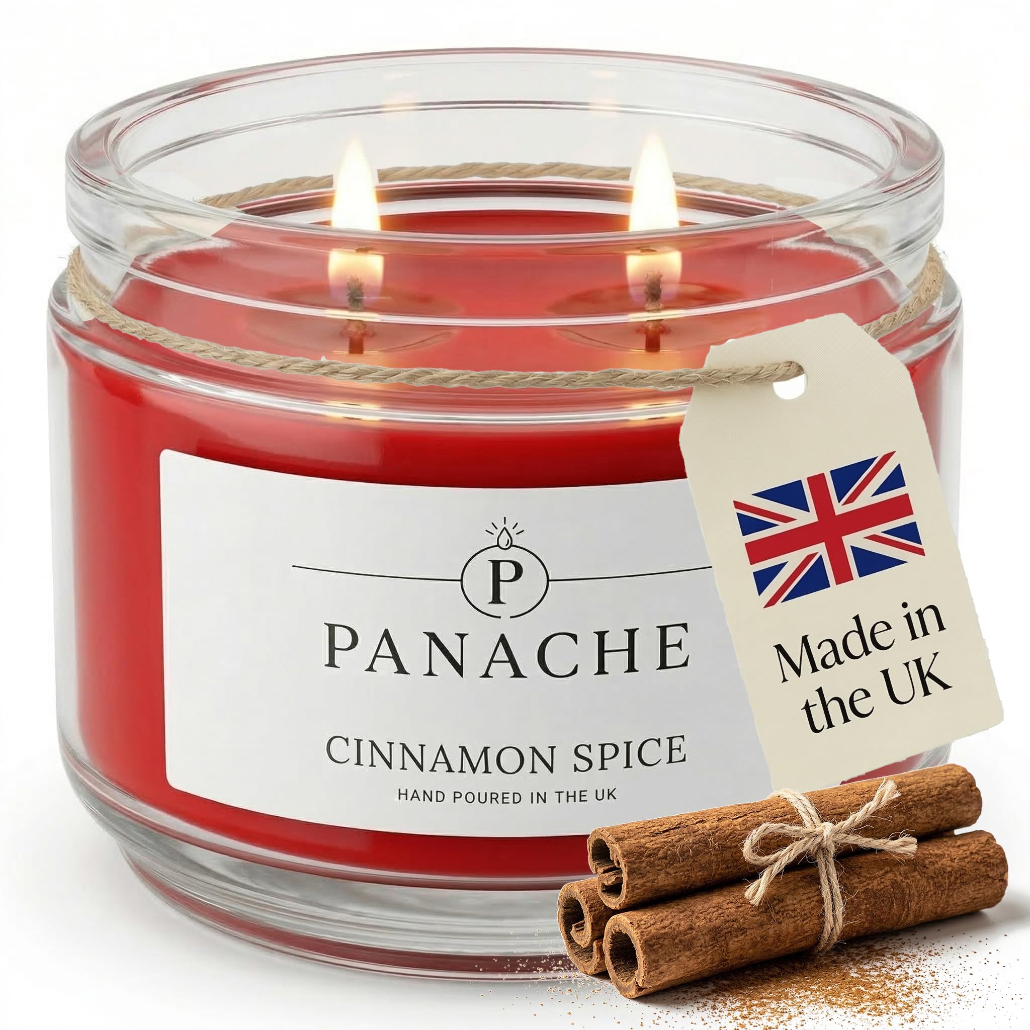 Panache Cinnamon Spice Scented Candle (Christmas Edition) – Double Wick Soy Wax Candle, 48 Hour Burn Time, Hand Poured in UK, Clean Burning Cotton Wicks, Luxury Glass Jar Candle for Home & Gifts 320g