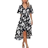 Kormei Women Short Sleeve V Neck Floral High Low Flowy Summer Party Long Maxi Dress
