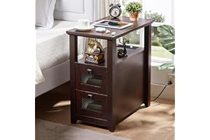 HDDDZSW Farmhouse XXL End Table with Charging Station, Narrow Side Table with USB Ports and Outlets, Nightstand with 2 Drawers Storage, Bedside Tables for Living Room, Bedroom, Rustic Cherry