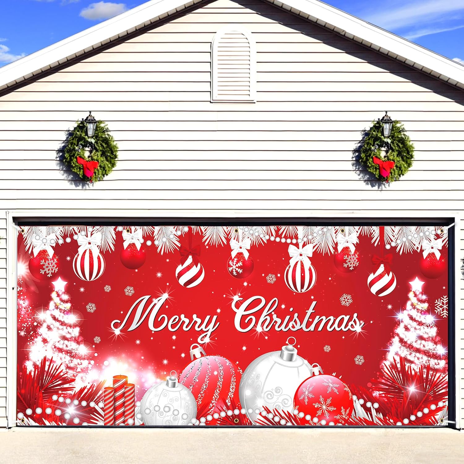 Garage Door Decorations - Red Silver Christmas Ball Garage Door Banner Decoration Large Red Merry Christmas House Banner Garage Door Cover Banner for Christmas New Year Winter Outdoor Indoor Background 6 x 13 ft