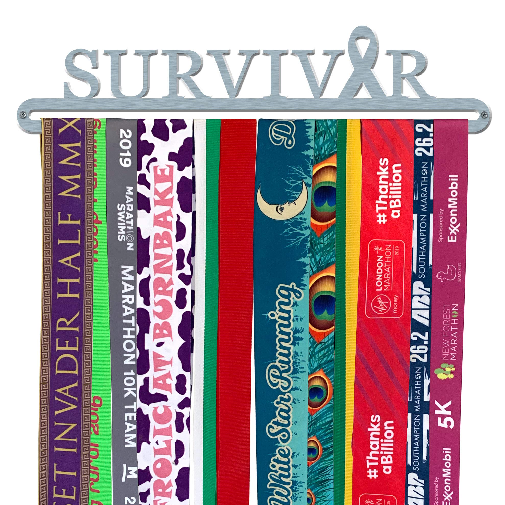 The Medal Hanger Shop | Medal Hanger Display | SURVIVOR | Brushed Stainless Steel | Wall Mounted Running Medal Ribbon Holder | Made in Britain