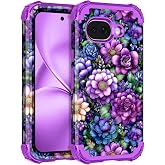 LONTECT for Google Pixel 10A Case Floral Shockproof Rugged Heavy Duty 3 in 1 Hybrid Sturdy High Impact Protective Cover Case for Google Pixel 10A, Purple