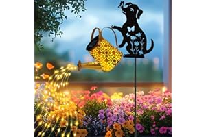 OSTRITEC Solar Lights Outdoor Decorative, Watering Can with Cascading Lights, with Dog Silhouette Garden Stakes, Waterproof Metal Garden Decor for Yard Art, Outside, Patio, Lawn Ornaments