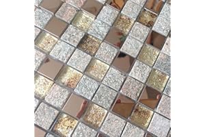 Hominter 5-Sheets Bathroom Wall and Floor Tile, Gray Stone and Glass Tile Backsplash, Rose Gold Stainless Steel Tiles, Metallic Mosaic Tile with Crystals OX022