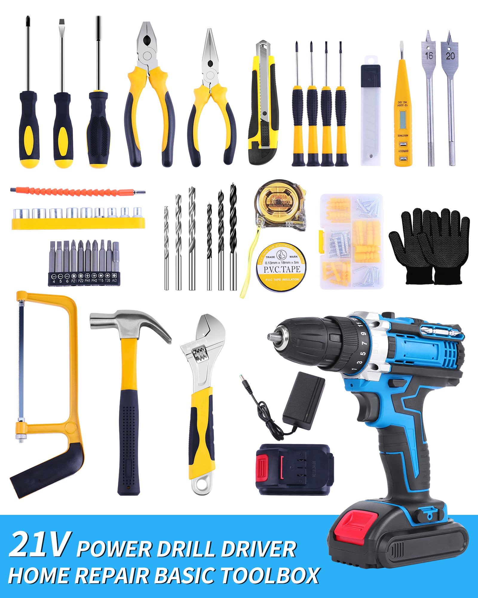 AOFUXTI Electric Screwdriver Drill Bit Set Kit, Home cordless drill tool box, Small Hand Drill ToolSet, Essential Portable Power Drills Set for Men, Battery Operated 20v Engineer's Tool