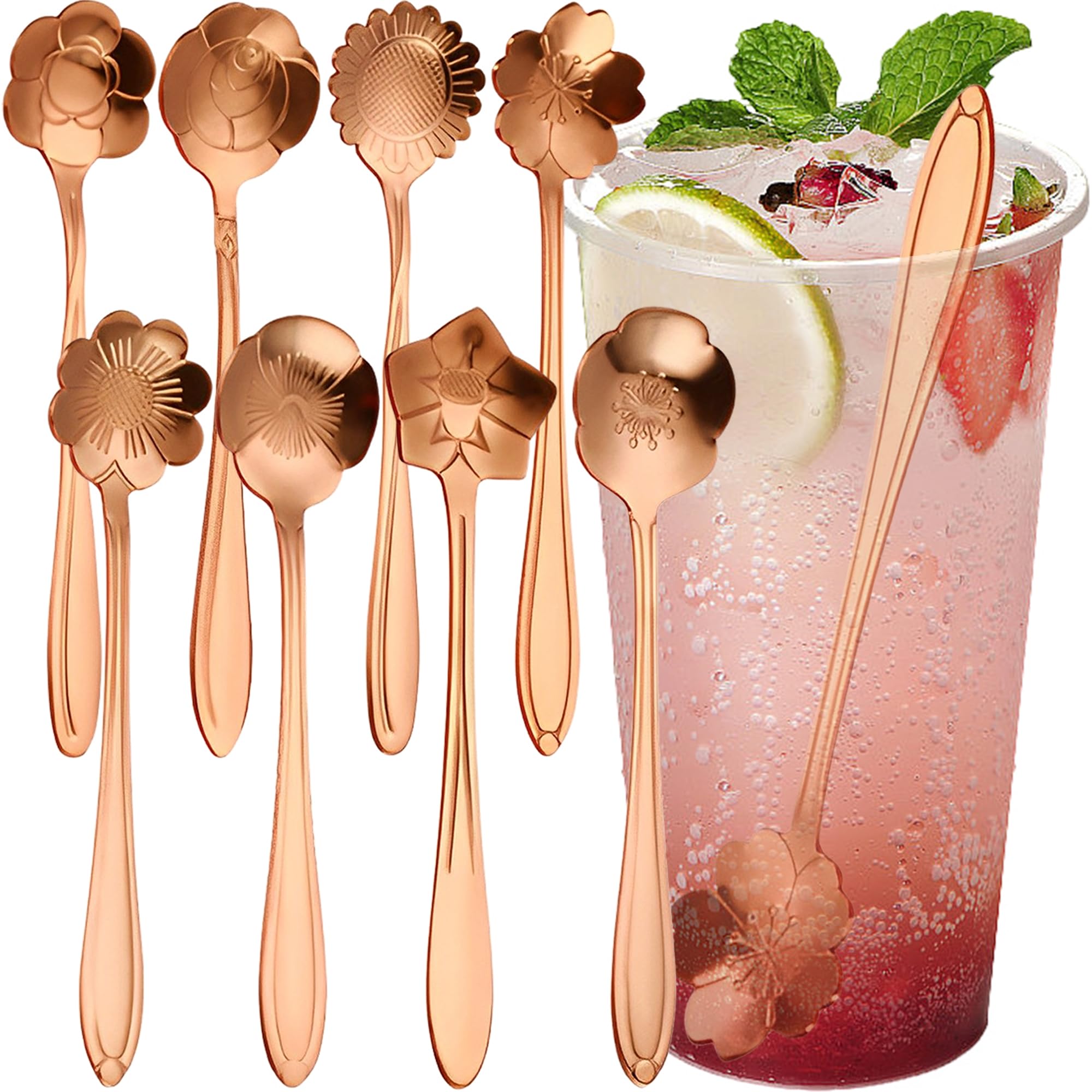 MINGZE 8 Pieces Flower Tea Spoons Set, Tableware Creative Stainless Steel Coffee Spoon Teaspoons, For Coffee Tea Parties, Stirring, Mixing, Sugar, Dessert, Jam, Ice Cream Spoon (Rose gold)