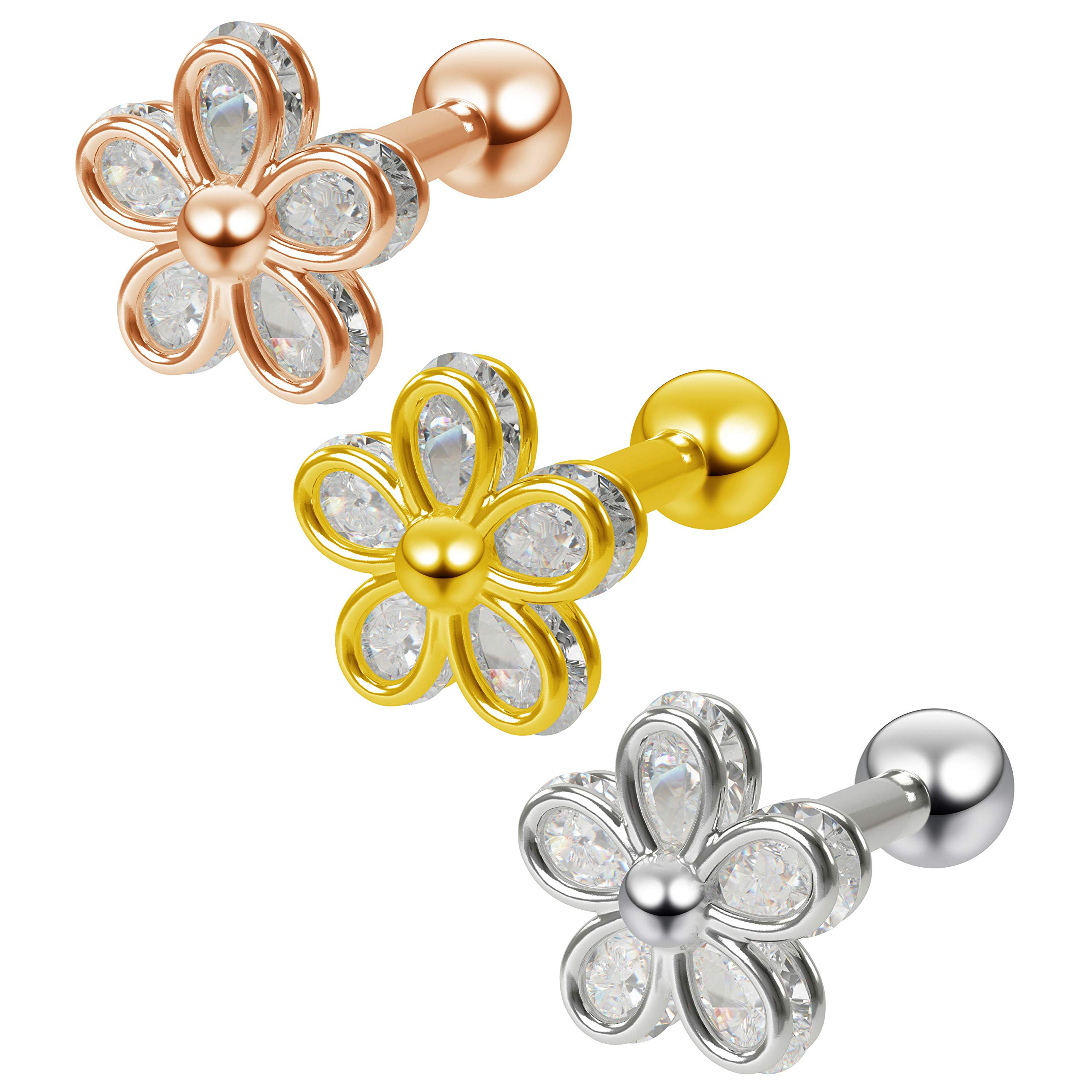 Bling Piercing 3pc Cubic Zirconia CZ Flower Gem Barbell Studs 16g 1.2mm Cartilage Bar Earring Forward Helix 6mm Tragus