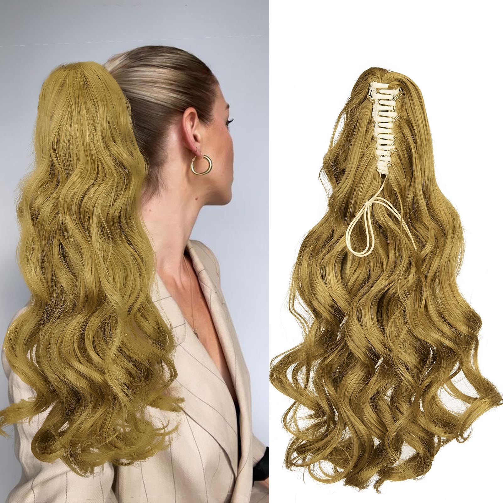 Cybelleza Ponytail Extension Curly Wavy Claw Jaw Pony Tail 18" One Piece Clip in Hair Extensions Ponytail Hairpiece Synthetic Long Natural for Women, Dark Blonde