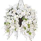 Ivydale Artificial Hanging Flowers Baskets Fake Plants for Outdoors, Realistic Faux Silk Hibiscus Trailing Vines Spring Flowers UV Resistance for Outside Home Patio Porch Balcony Garden Decor, White