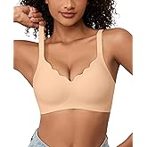 POSESHE Women Comfortable Wireless Bras Push Up Seamless Bralettes Soft V Neck Scalloped Full Coverage Everyday Bra