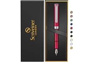 Scriveiner Luxury EDC Fountain Pen (Fine), Stunning Matt Red Pocket Pen, Chrome Finish, Schmidt German Nib, Converter, Best Writing Pen Gift Set for Men & Women, Nice Fancy Office Designer Pen