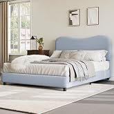 GarveeHome Queen Bed Frame with Boucle Fabric, Blue | Upholstered Headboard, Low Profile, Sturdy Platform Bed, Rounded Corners Design, Noise Free, No Box Spring Needed
