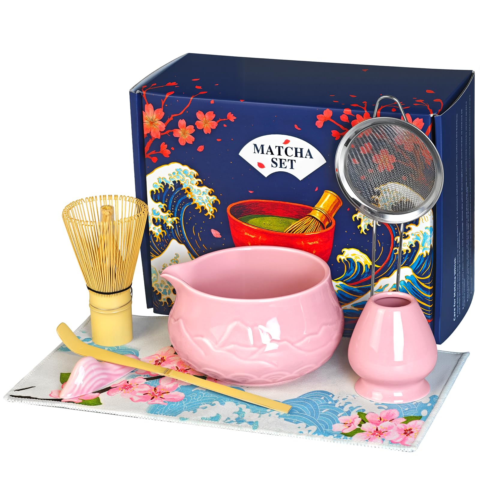 8 Pcs Matcha Whisk Set with Ceramic Bowl, Scoop Rest, Sifter, Tea Mat, Greeting Card, Whisk Holder, Bamboo Whisk and Scoop, Perfect Present for Friend Family Matcha Tea Lovers, Ceremony Kit