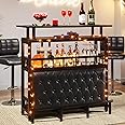Tribesigns Bar Unit for Home Liquor, Black Entertainment Bar Upholstered Bar Table with Storage and Metal Front Footrest for Home,Balcony